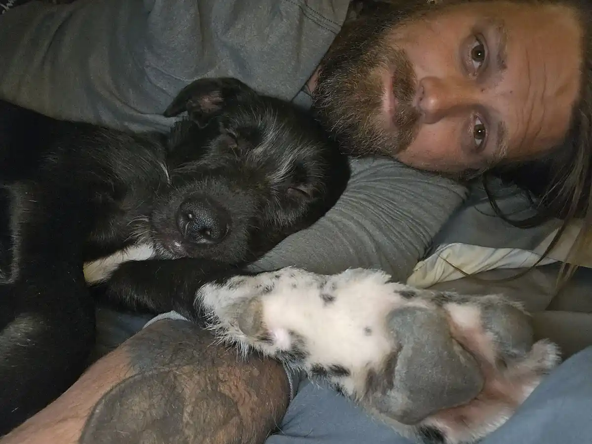 A man with a beard and long hair lies in bed wearing a grey shirt, looking at the camera with a tired expression. He is…