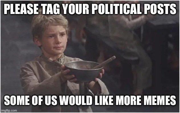 A young boy with blond hair, wearing a brown tunic, holds a metal bowl with a wooden spoon inside. He has a pleading…