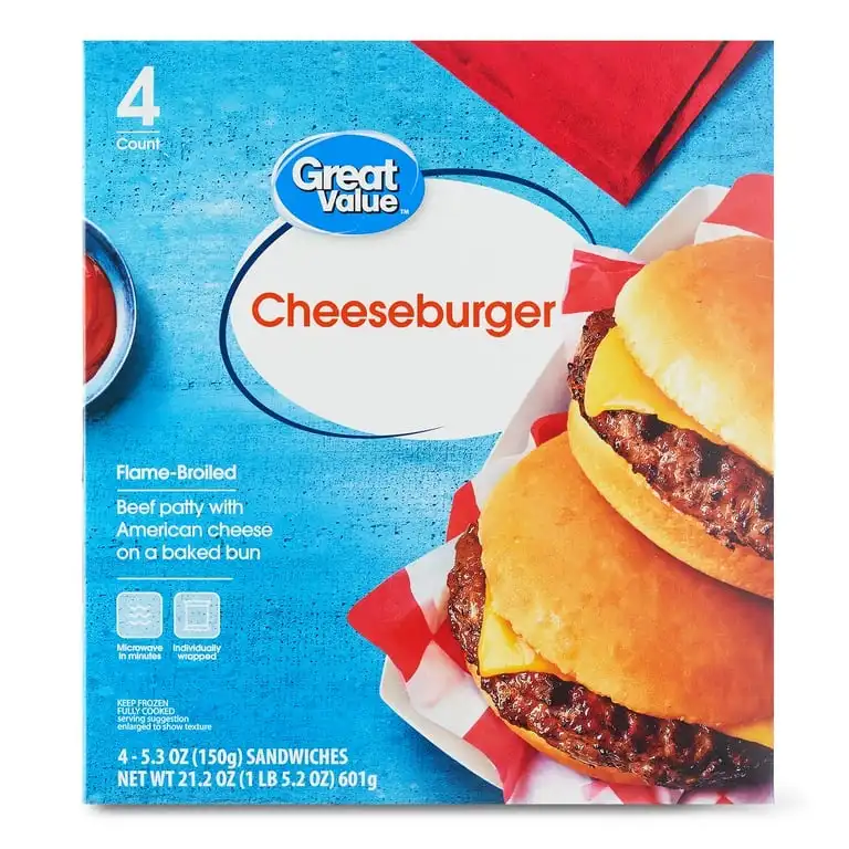 A product box for Great Value brand cheeseburgers, showing two cheeseburgers on red-and-white paper, with text indicating…