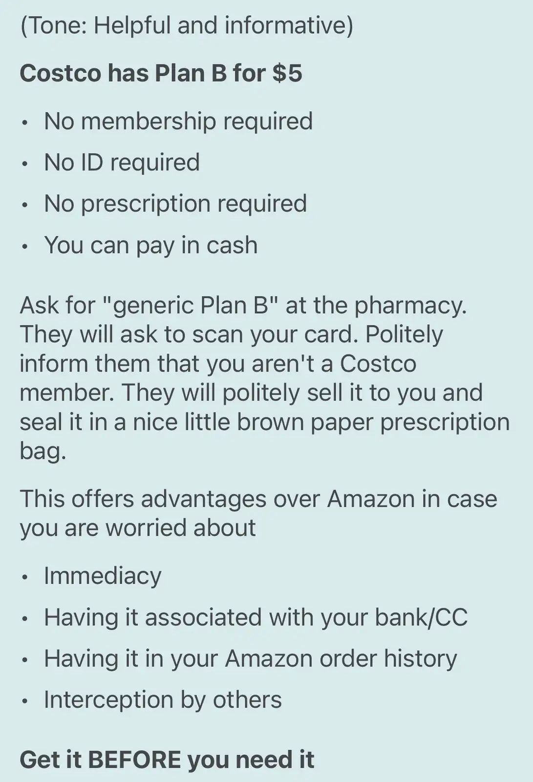 A light blue background displays a helpful, informative text block detailing how to buy Plan B at Costco for $5 without a…