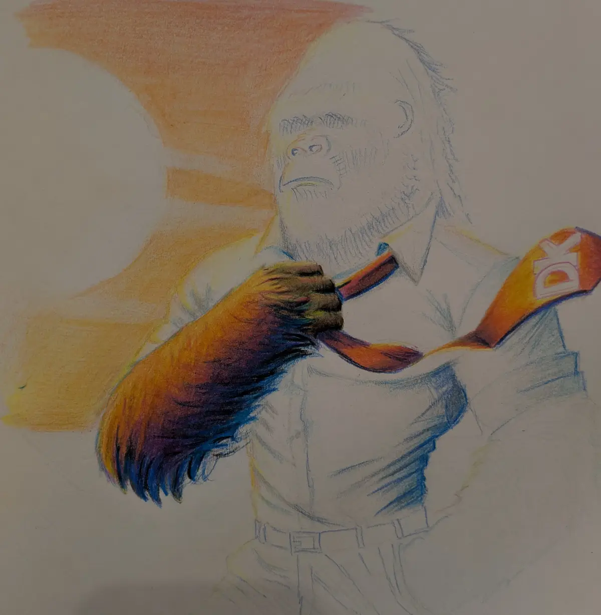 A colored pencil drawing depicts a large, human-like gorilla wearing a white collared shirt and belt, holding a red and…