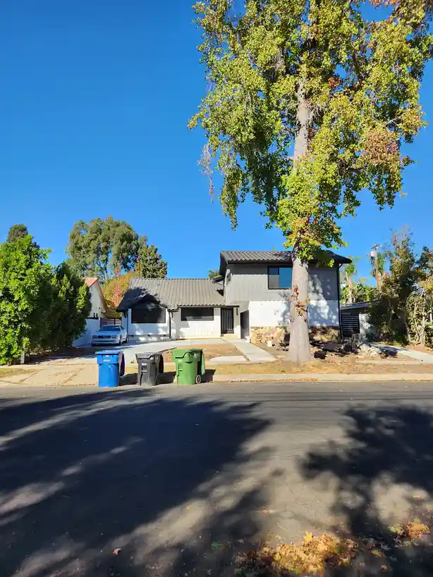 A suburban street scene shows three colorful trash bins (blue, black, green) lined up on the curb in front of a modern…