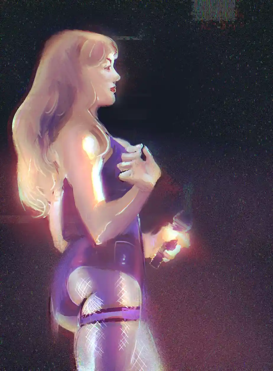 A stylized digital illustration shows a woman in profile, wearing a purple outfit with white criss-cross patterns on her…