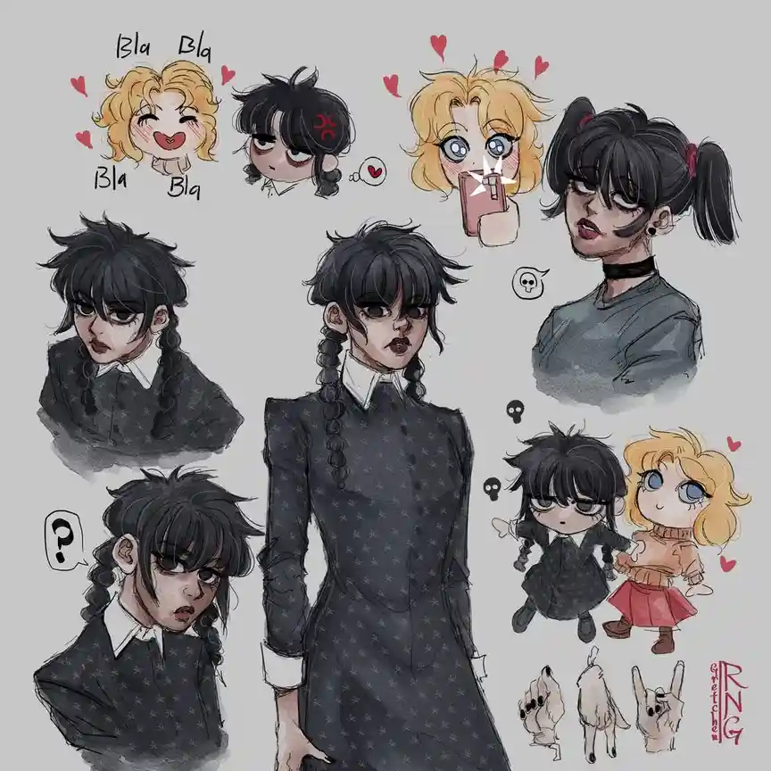 A character sheet featuring multiple illustrations of a dark-haired girl with braids in various outfits and expressions…