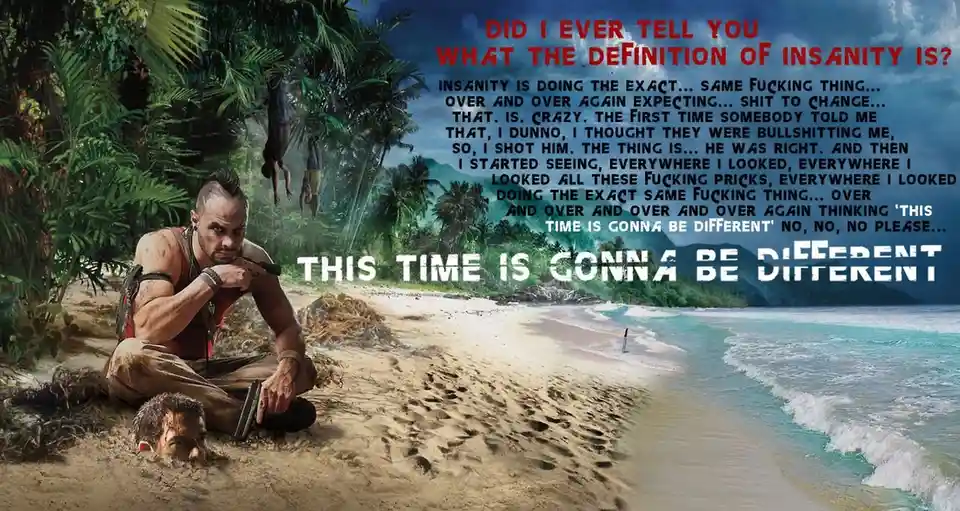 A man sits on a tropical beach holding a gun, with another person's head buried in the sand in front of him. In the…