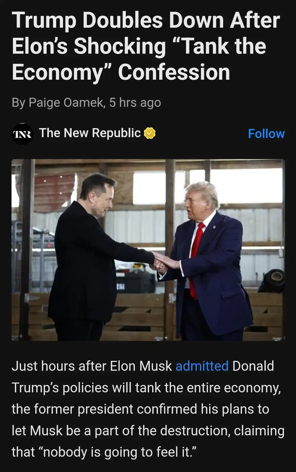 A screenshot of a fake news article from 'The New Republic' shows Elon Musk and Donald Trump shaking hands in a barn-like…