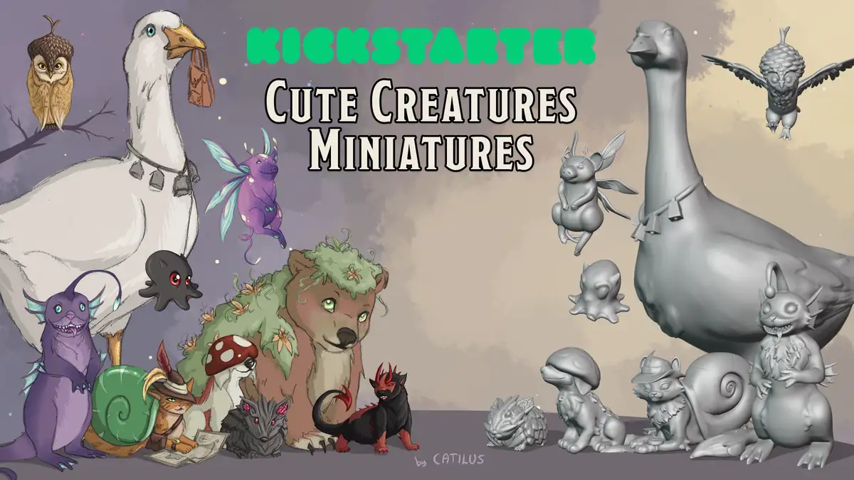 An image promoting a Kickstarter campaign for 'Cute Creatures Miniatures' by CATILUS, showing colorful fantasy creatures…