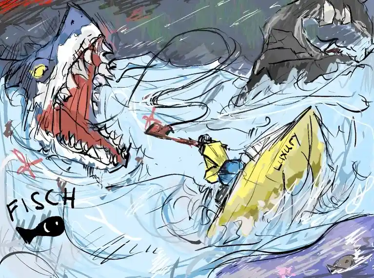 A chaotic, sketch-style illustration shows a person in a yellow kayak labeled 'LUXURY' being attacked by a giant shark while…