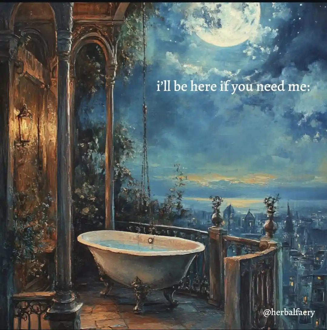 A romantic, moonlit painting depicts an ornate clawfoot bathtub placed on a stone balcony overlooking a cityscape, with the…