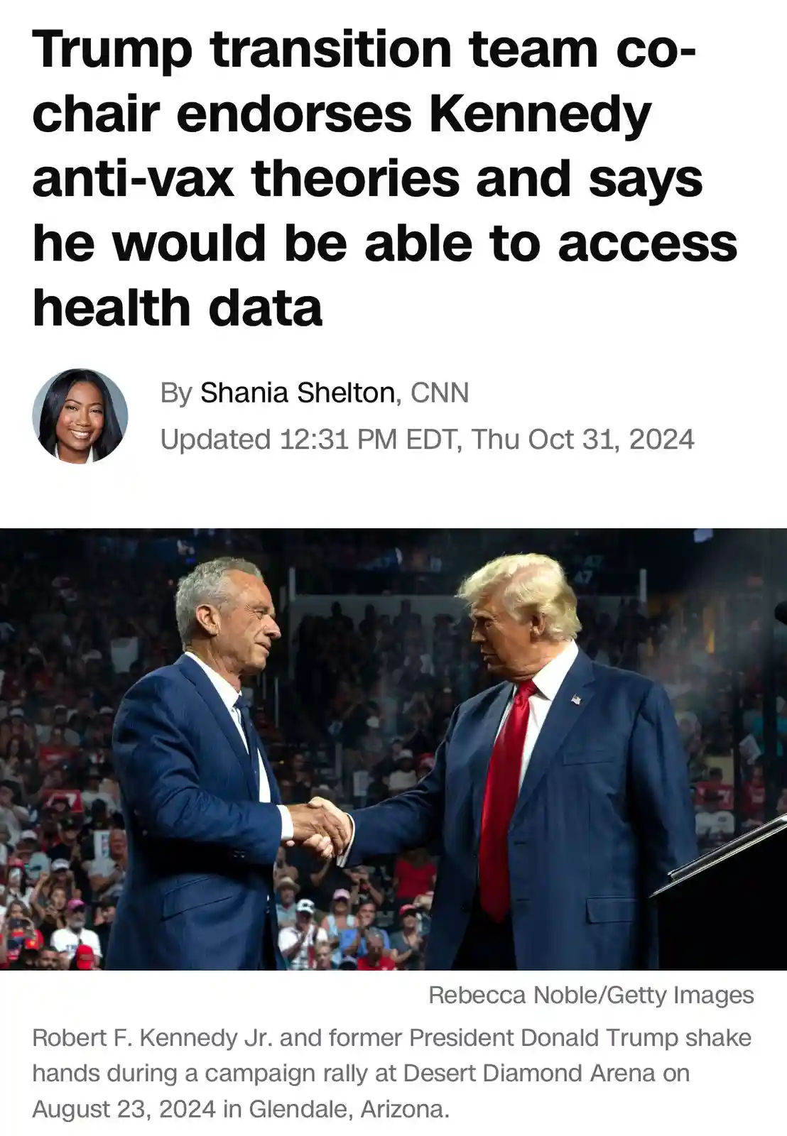 A screenshot of a CNN news article with a headline about a Trump transition team co-chair endorsing Robert F. Kennedy Jr.'s…