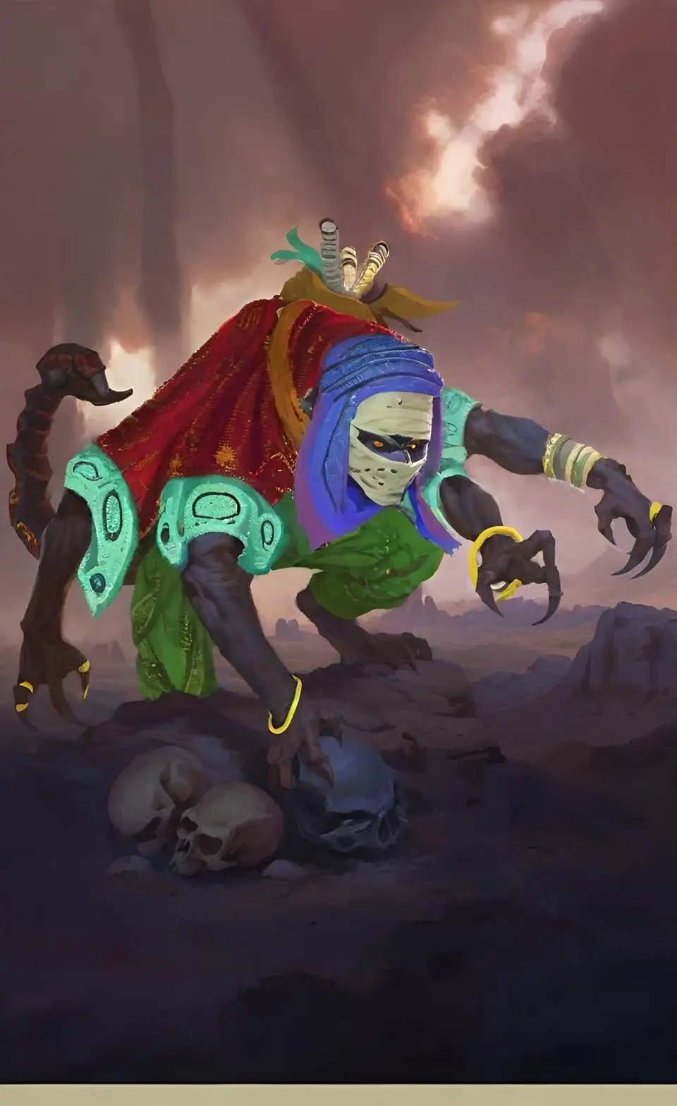A menacing, masked humanoid creature with claws, a red cape, and a scorpion tail stands over skulls in a desolate landscape…