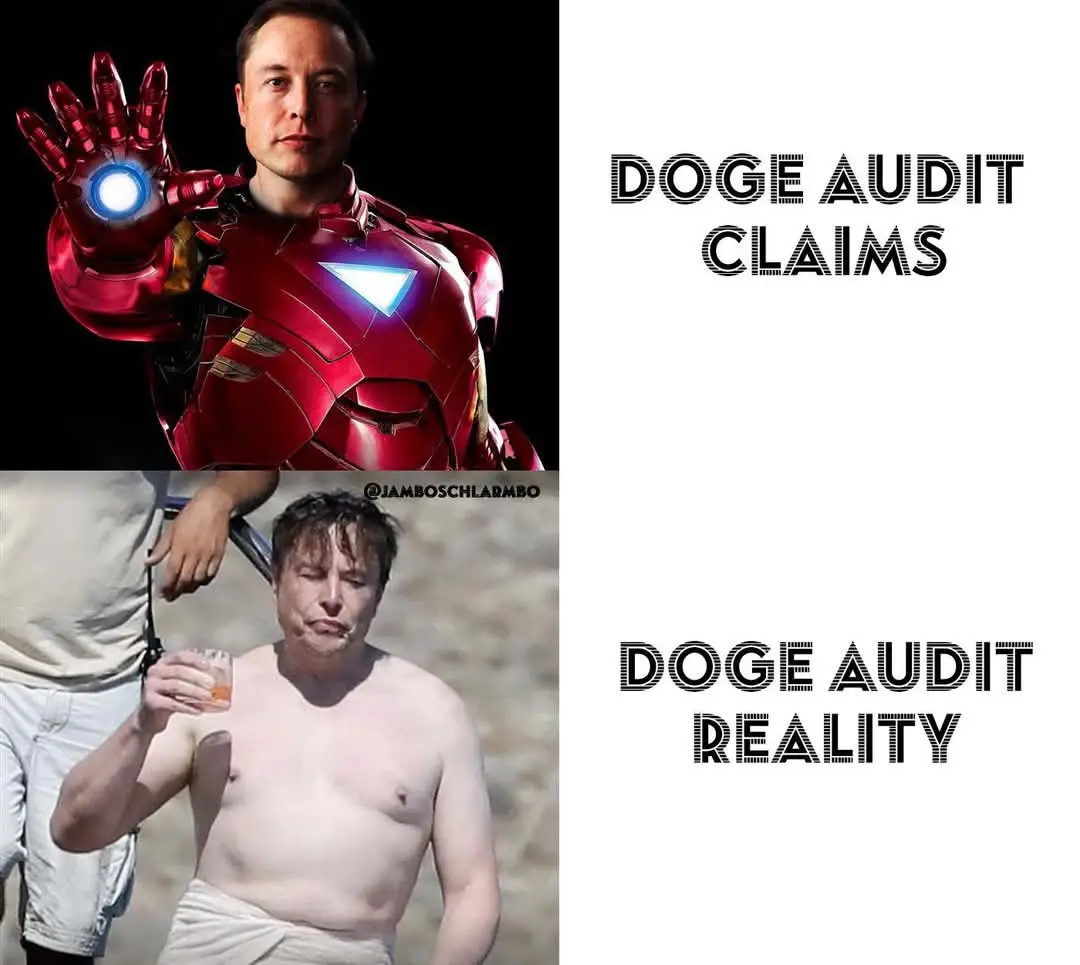 The image is split into two panels. The top panel shows Elon Musk wearing a red Iron Man suit with glowing blue repulsors…