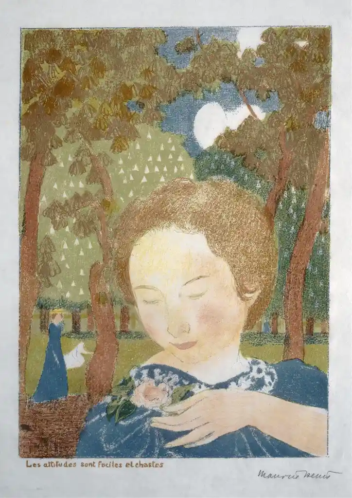 A vintage-style illustration shows a serene woman in a blue dress holding a rose, with trees and a distant figure in the…