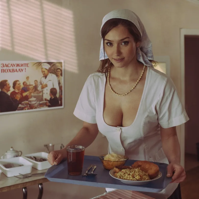 A woman in a white uniform and headscarf holds a tray with food and a drink, looking directly at the camera. Behind her, a…