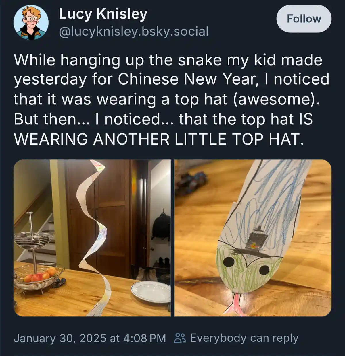 A child's handmade paper snake decoration for Chinese New Year is shown in two photos. The left photo shows the full snake…