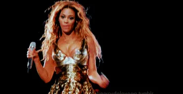 A sequence of six images shows Beyoncé performing on stage in a gold outfit, holding a microphone. In the final three…