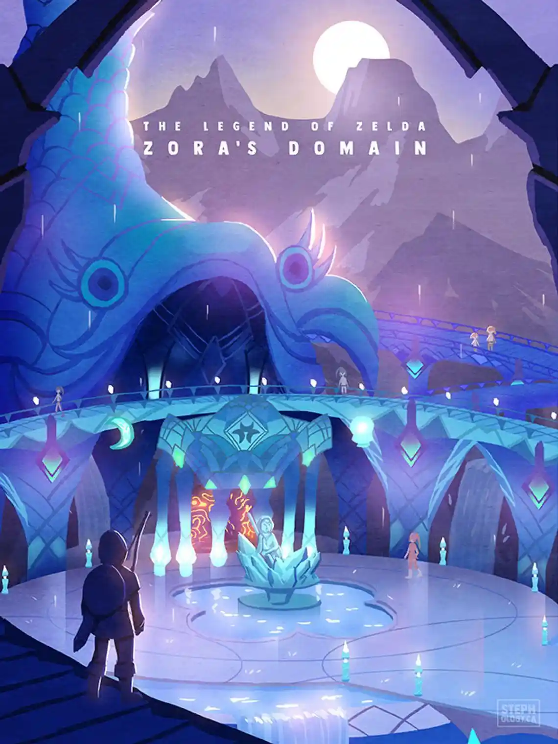 A stylized, fantasy illustration of a glowing, aquatic-themed temple from 'The Legend of Zelda: Zora's Domain,' featuring a…