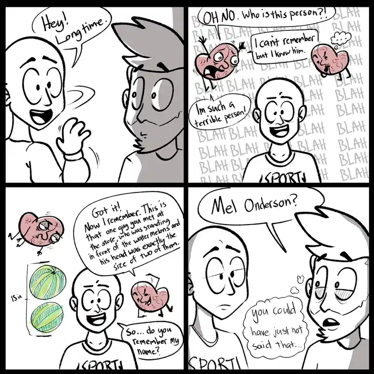 A four-panel comic shows a bald man greeting an acquaintance, then panicking as his brain struggles to recall the person's…
