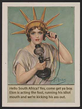 An old-fashioned illustration of Lady Liberty holding a vintage telephone receiver to her ear. The image has a caption…