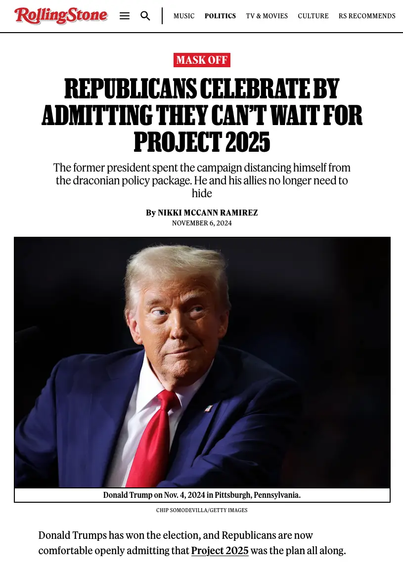 A screenshot of a Rolling Stone article with a photo of Donald Trump looking sideways with a smirk. The headline reads…