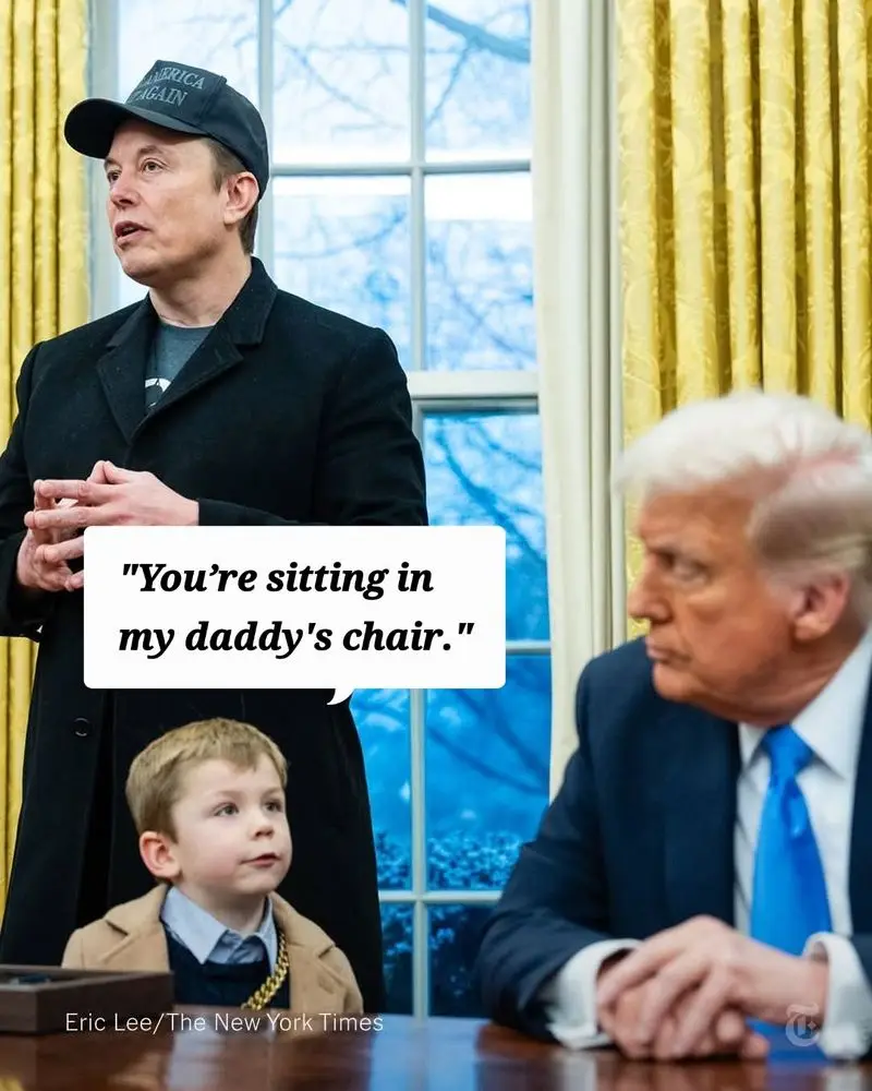 A photo shows Elon Musk standing in the Oval Office wearing a 'Make America Great Again' cap, with a young boy in a suit…