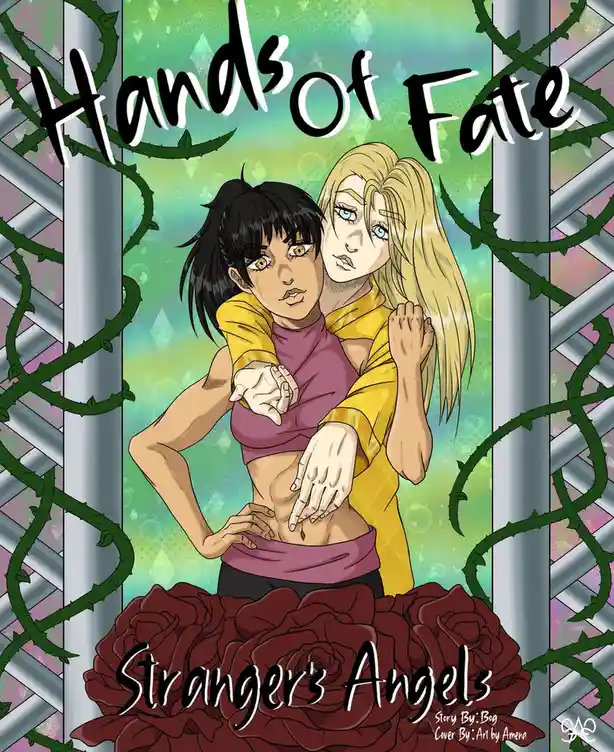 An anime-style illustration shows two women, one with black hair and the other with blonde hair, embracing in front of a…