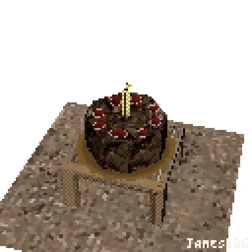 The image displays six identical pixelated renderings of a chocolate cake with candles and cherries on a table, arranged in…