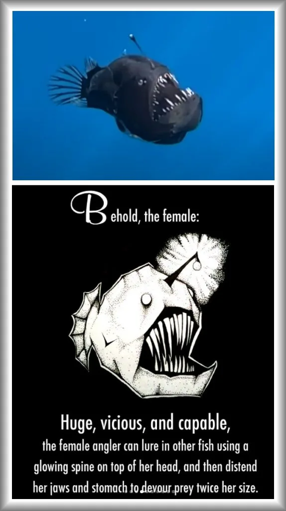 The meme shows a real photo of a dark, menacing anglerfish swimming in blue water, followed by a black-and-white…