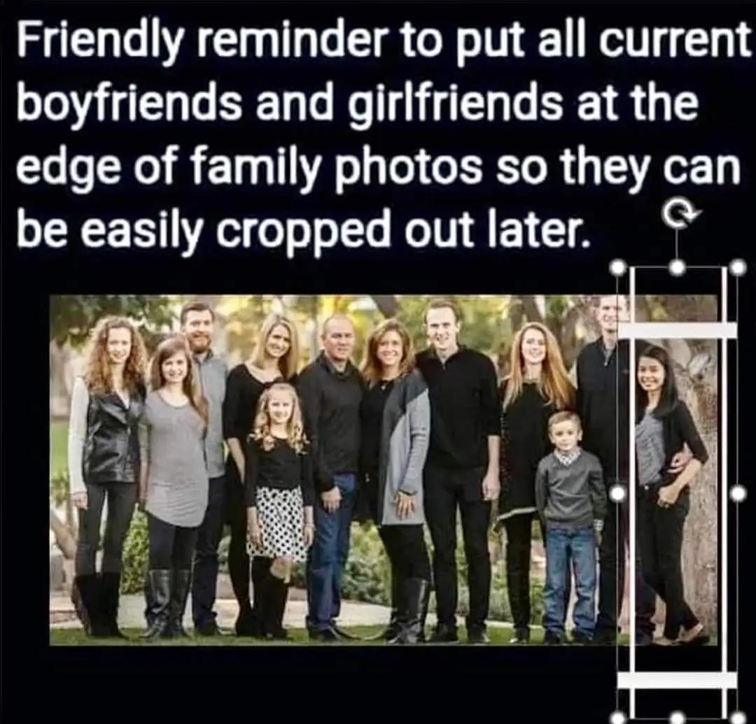 A family photo shows a group of adults and children posing together outdoors, with a crop tool overlay on the right side…