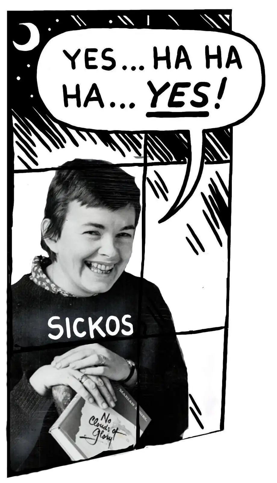 A black-and-white photo of a smiling woman holding a book titled 'No Clouds of Glory' is overlaid with comic-style panels. A…