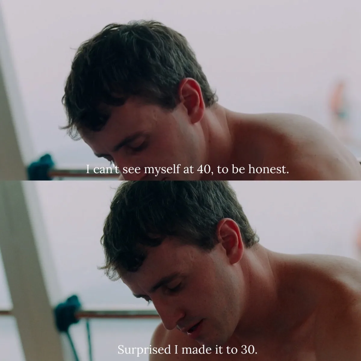 A shirtless man with dark, curly hair looks down with a somber expression in two panels. The top panel has text: 'I can't…