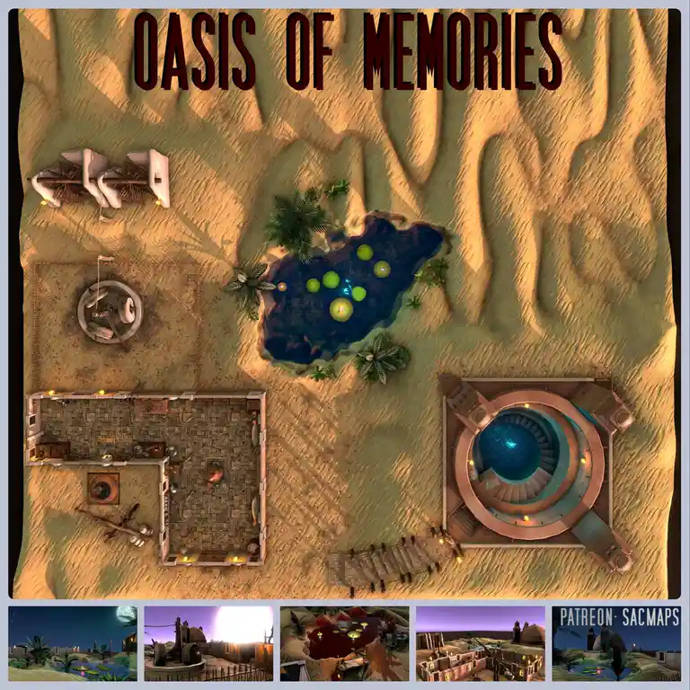 An overhead view of a desert oasis map with a central pool, palm trees, a stone building, and a spiral staircase structure…