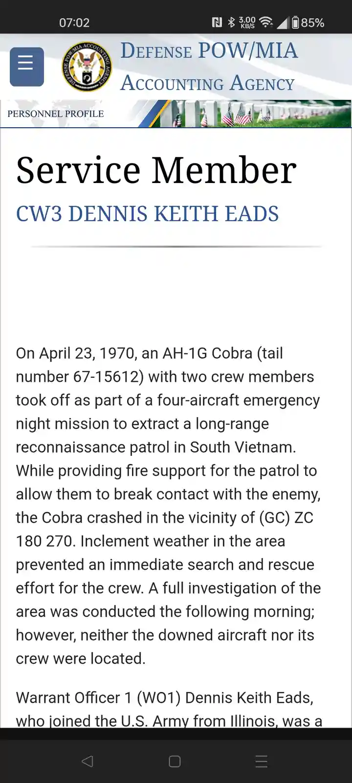 A screenshot of a Defense POW/MIA Accounting Agency personnel profile for CW3 Dennis Keith Eads, detailing his death in a…