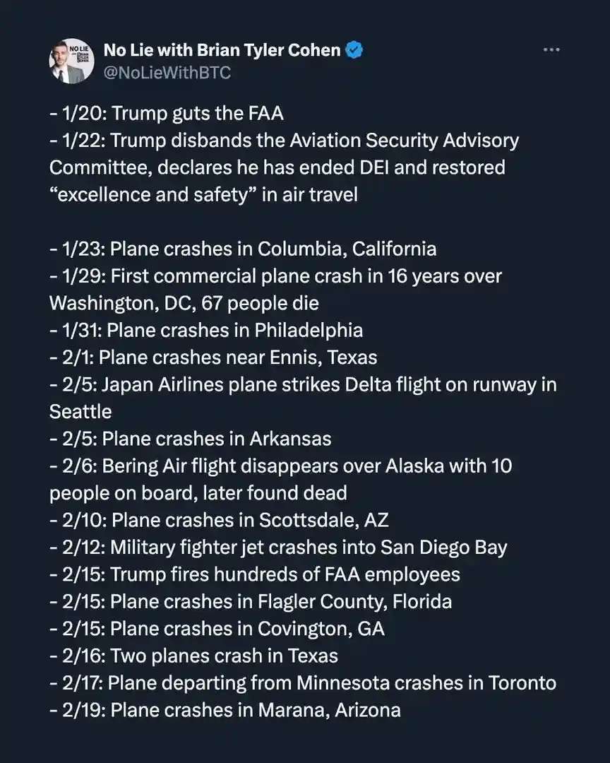 A screenshot of a tweet from 'No Lie with Brian Tyler Cohen' listing a series of aviation incidents and political actions…