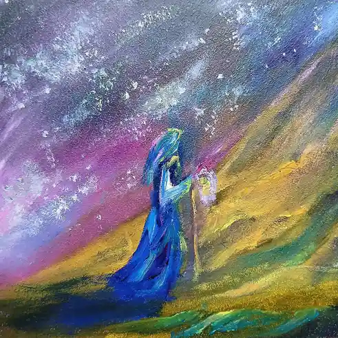 A painting depicts a figure in a long blue robe standing on a golden-yellow hillside under a swirling purple and blue sky…