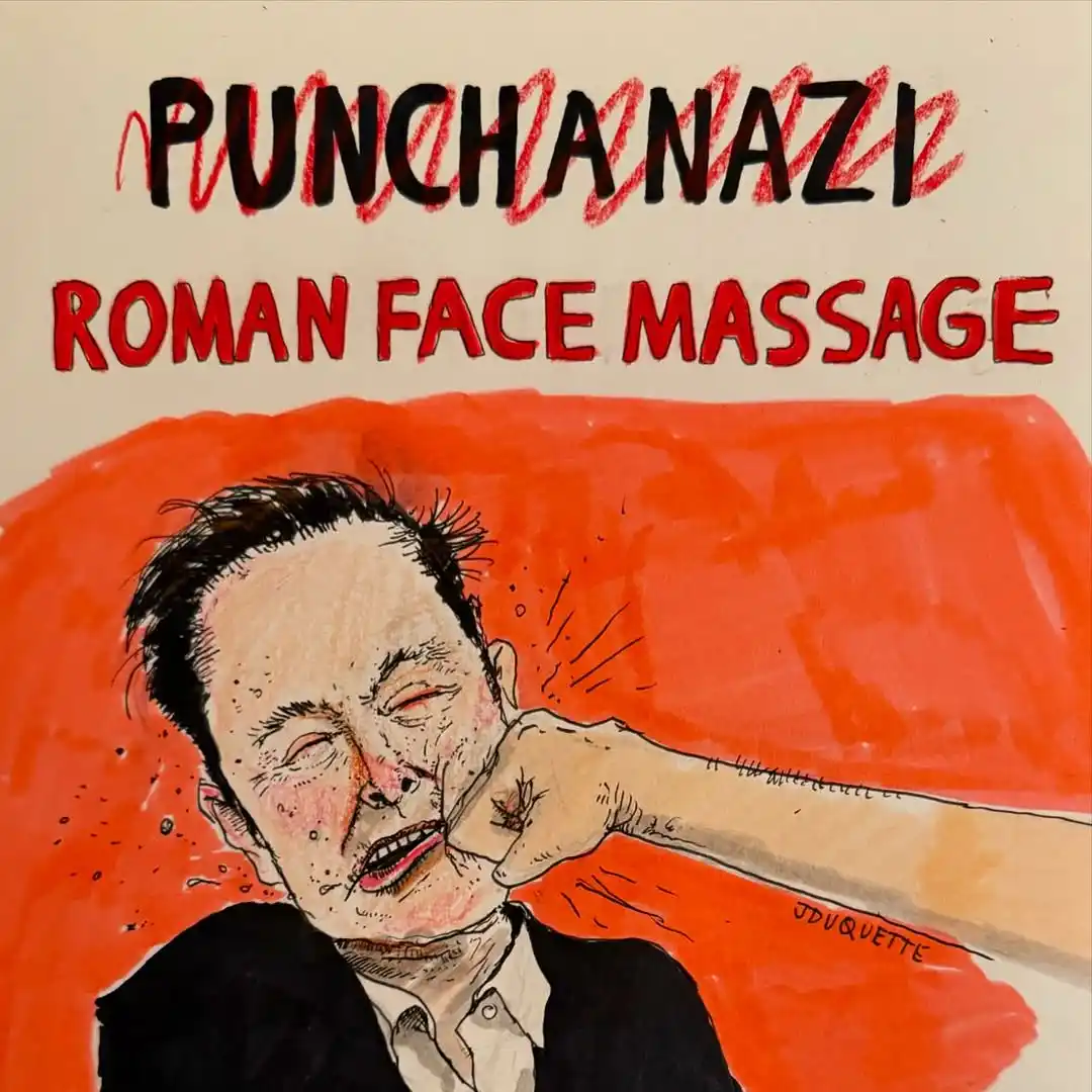 A cartoon drawing shows a man in a suit grimacing as a fist punches his cheek, with red text above reading 'PUNCHANAZI' and…