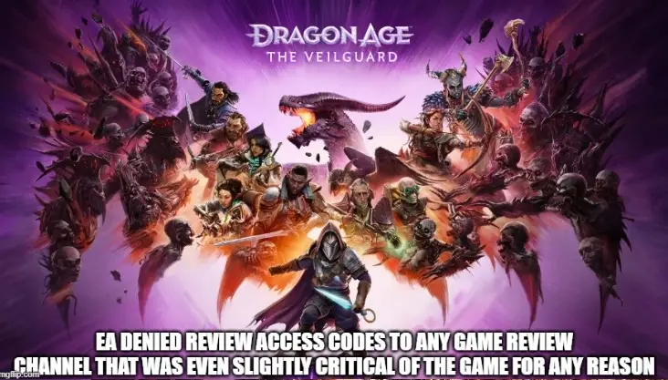 The image is a promotional artwork for the video game 'Dragon Age: The Veilguard,' featuring a central character in dark…