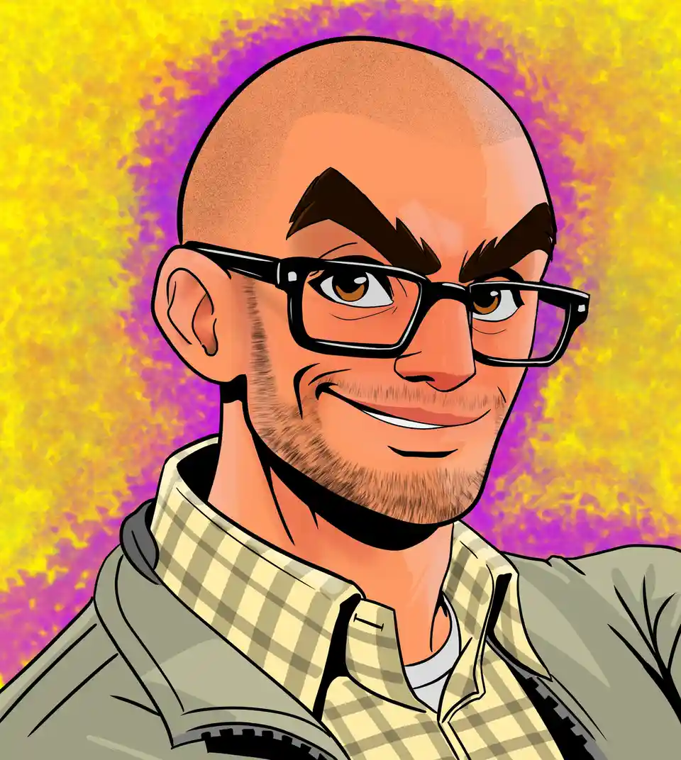A cartoon-style illustration of a bald man with thick eyebrows, black-rimmed glasses, and a goatee, wearing a plaid shirt…