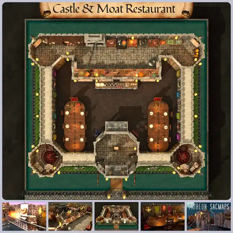 An overhead view of a fantasy castle interior designed as a restaurant, featuring stone walls, a central moat, dining…