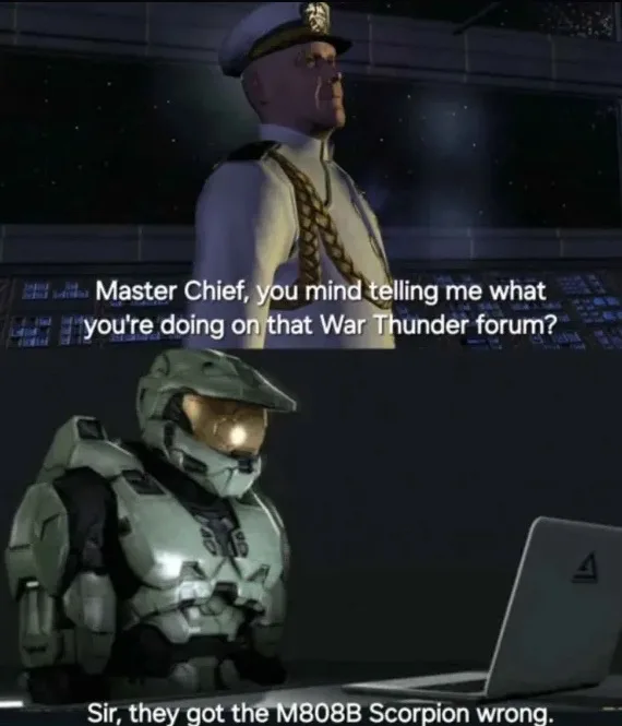 The image is a two-panel meme featuring Master Chief from Halo in the bottom panel, sitting at a laptop, and a naval officer…
