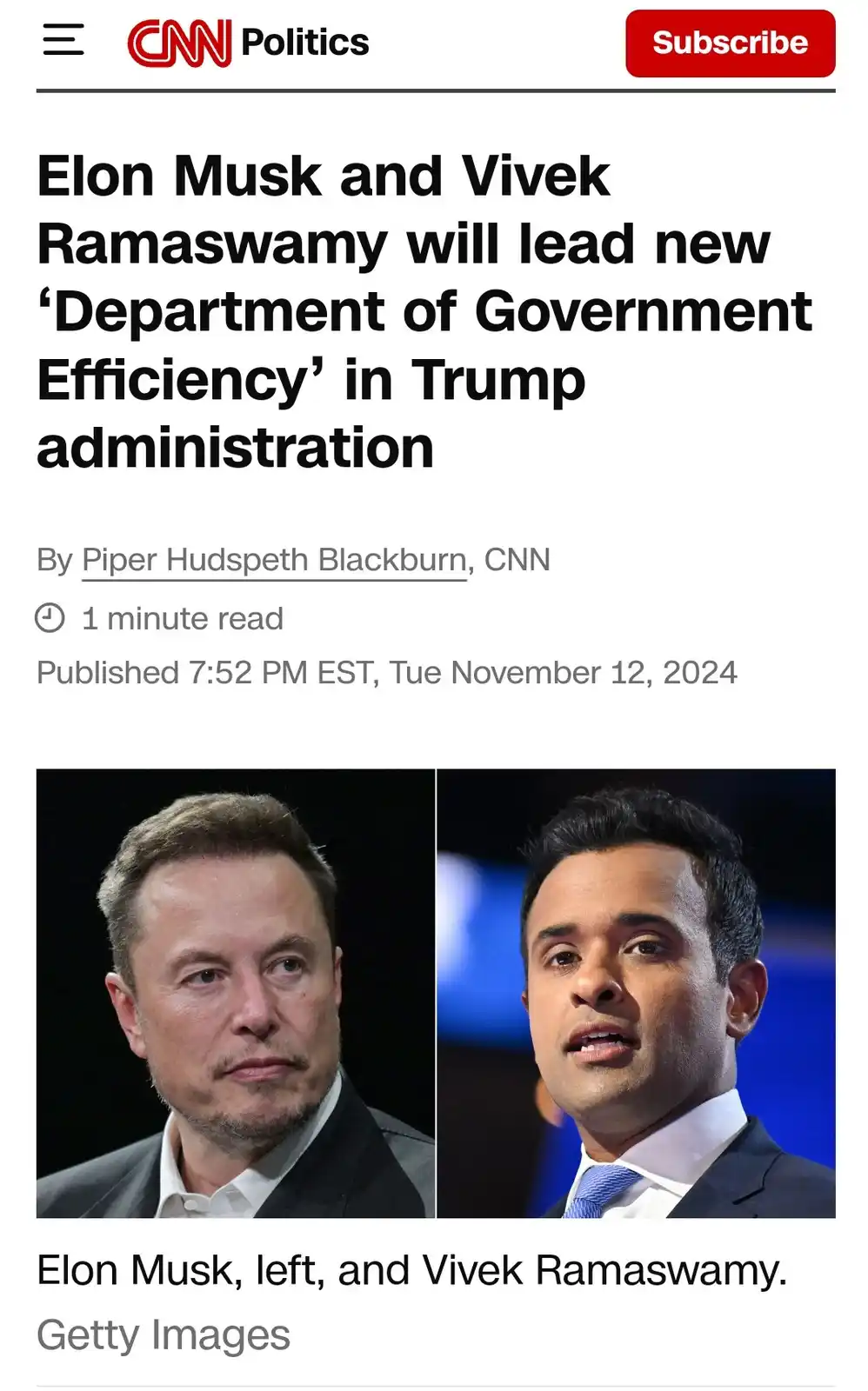 The image displays a CNN Politics article screenshot with a headline announcing Elon Musk and Vivek Ramaswamy as leaders of…