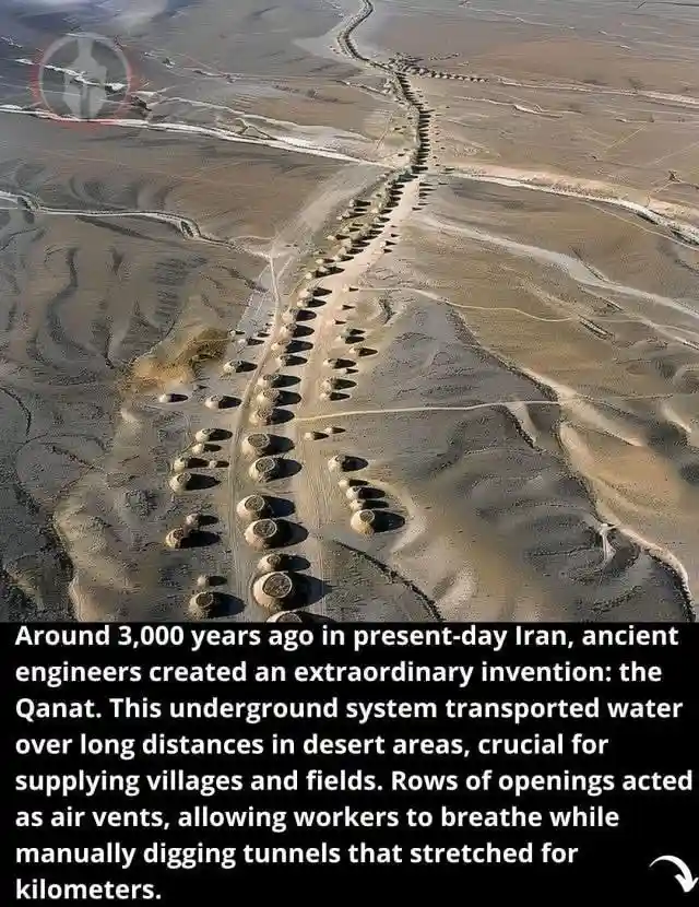 An aerial view of a desert landscape showing a long, straight line of circular openings in the ground, which are part of an…
