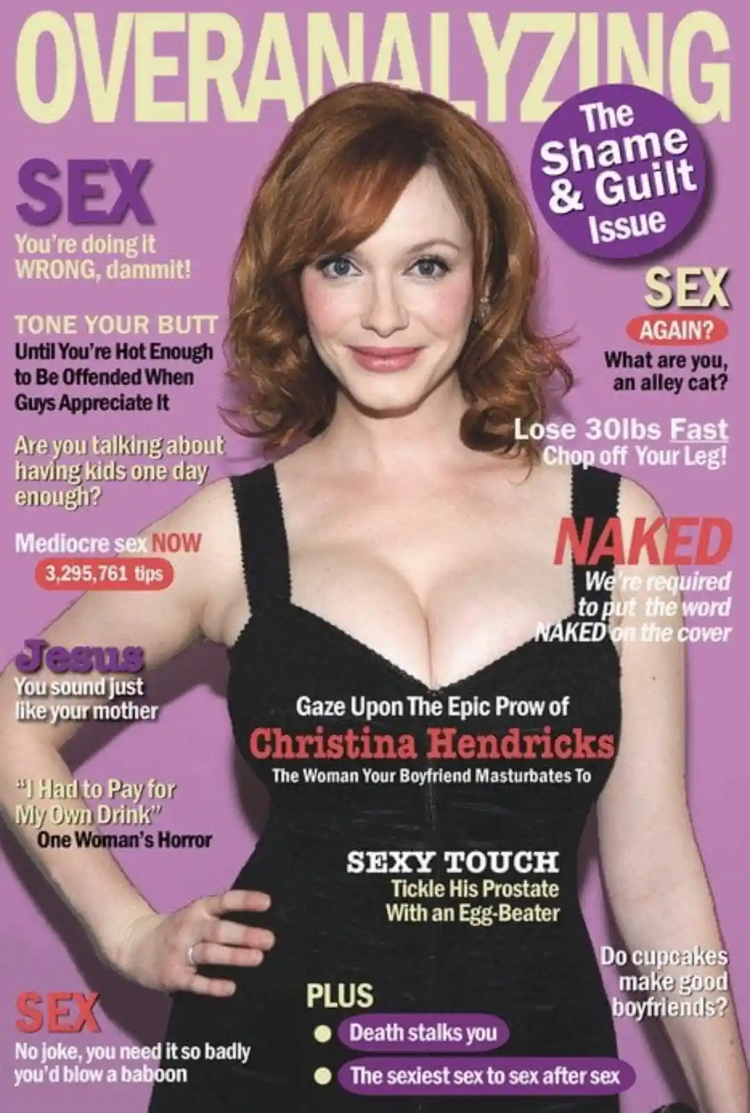 A magazine cover parody titled 'OVERANALYZING' features actress Christina Hendricks in a black dress. The cover is covered…