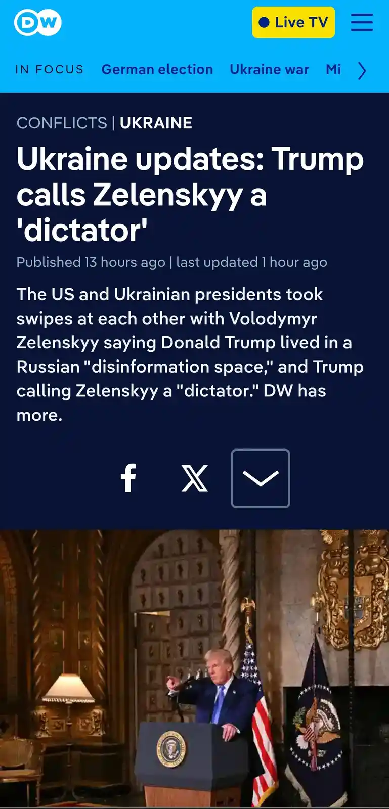 A screenshot of a DW news article about Trump calling Zelenskyy a 'dictator' is overlaid with an image of Donald Trump at a…