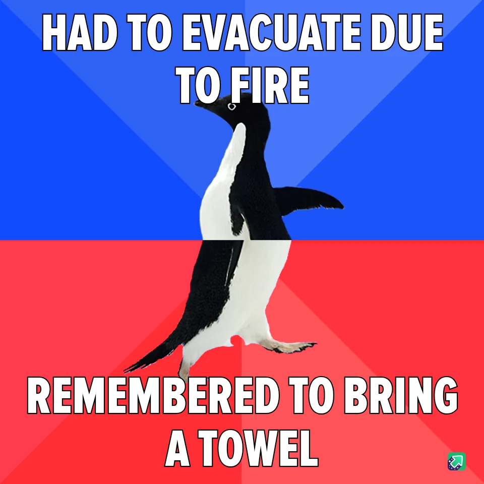 A penguin stands upright against a split blue and red background, with bold white text at the top reading 'HAD TO EVACUATE…