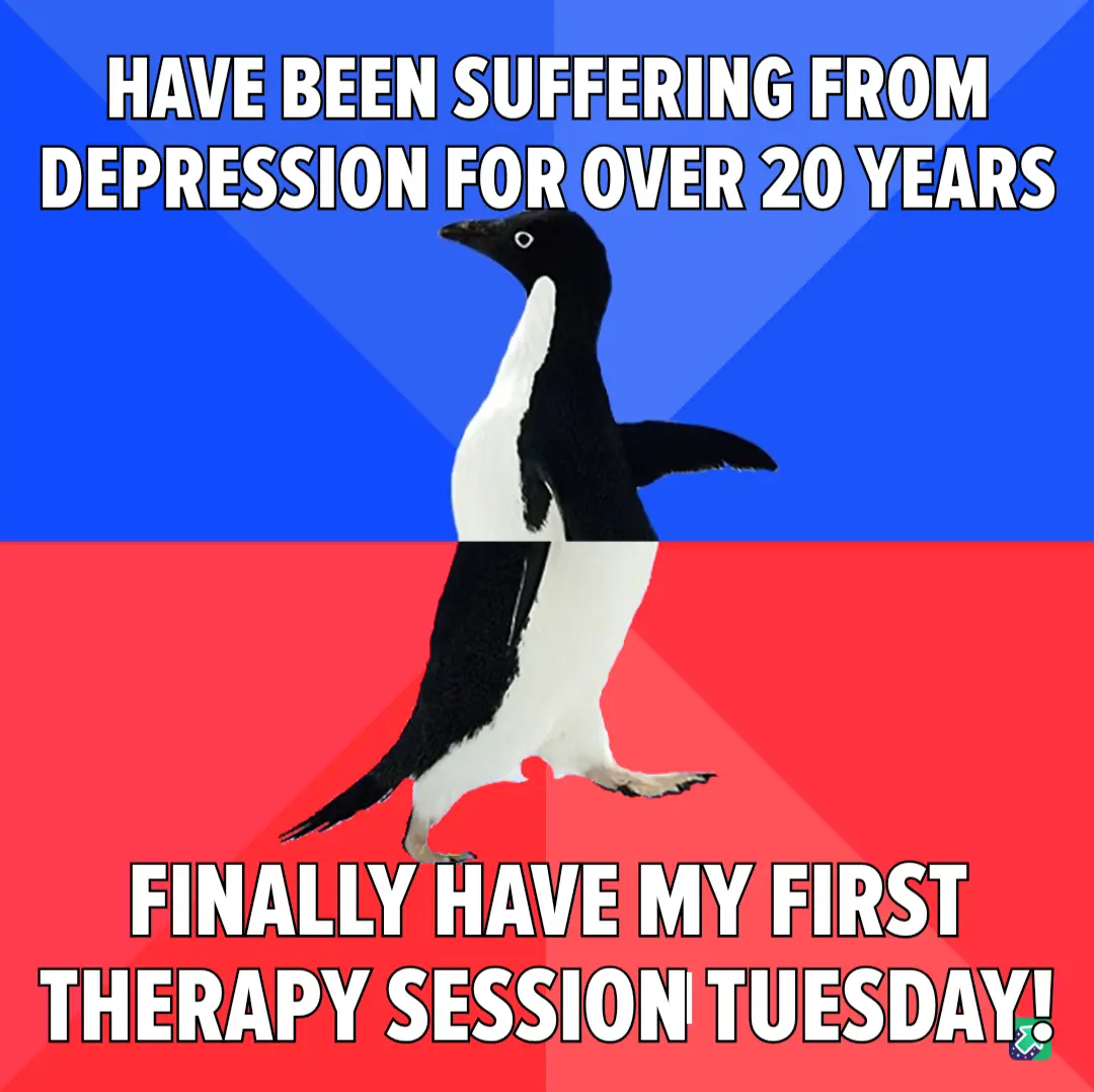 A penguin stands centered against a blue and red background, with bold white text above stating 'HAVE BEEN SUFFERING FROM…