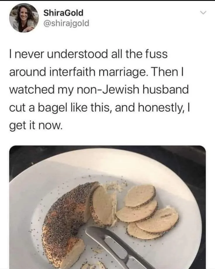A screenshot of a tweet by ShiraGold showing a bagel cut into multiple small, uneven slices on a white plate, with a knife…