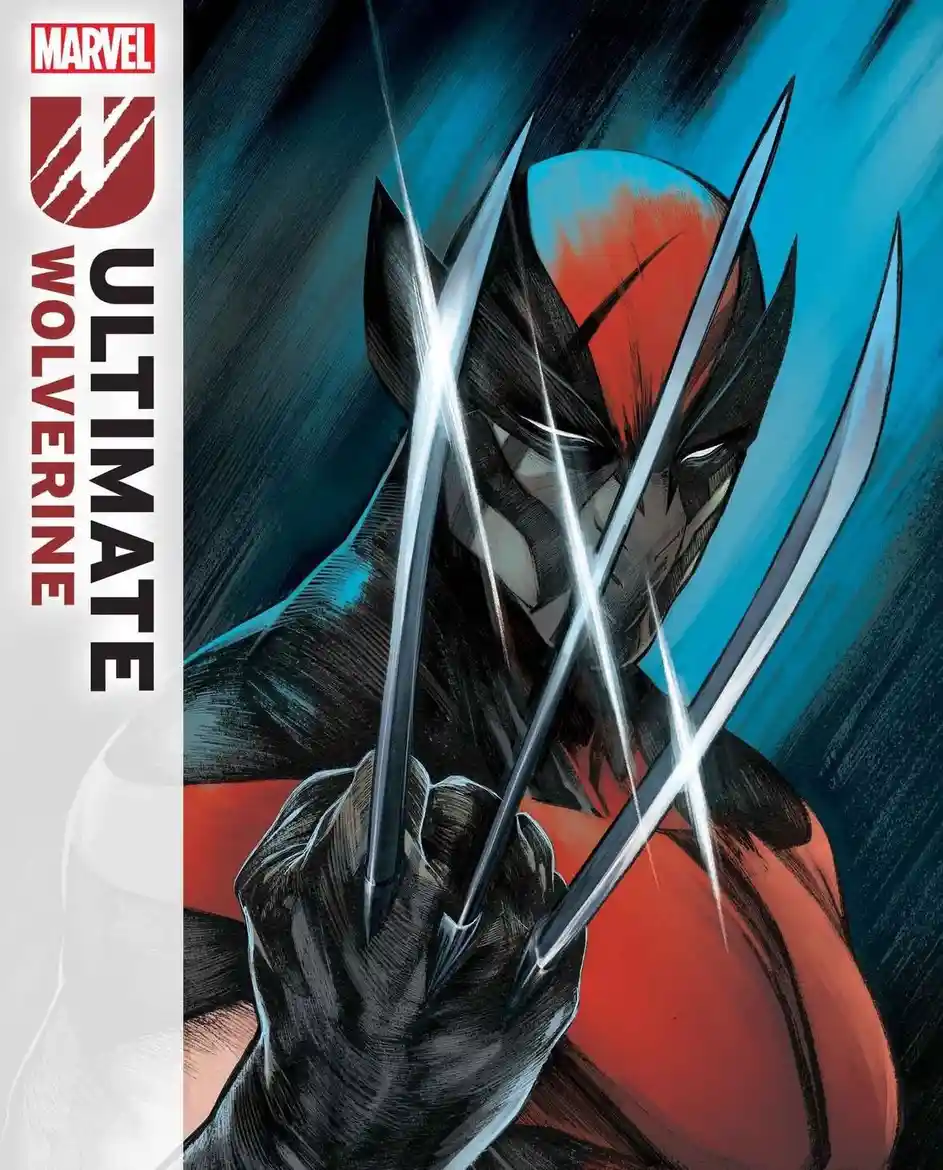 A comic book cover of Marvel's Ultimate Wolverine, showing the character in his iconic black and red costume with adamantium…