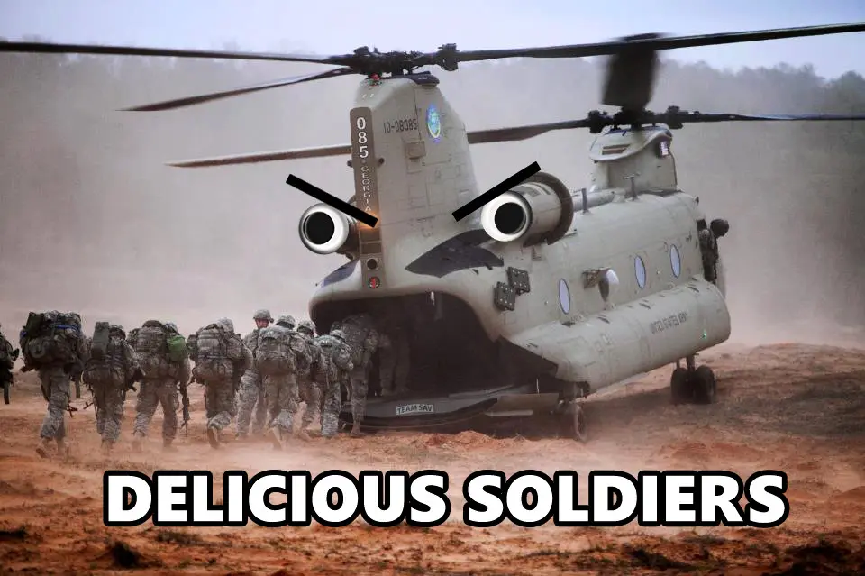 A military Chinook helicopter with cartoonish angry eyes is shown on a dusty field as soldiers in full gear march toward its…
