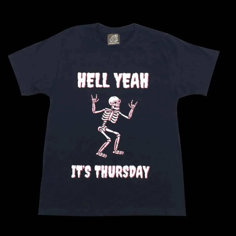 A dark blue t-shirt displays a white-outlined skeleton dancing with both hands in rock-on gestures, positioned between the…